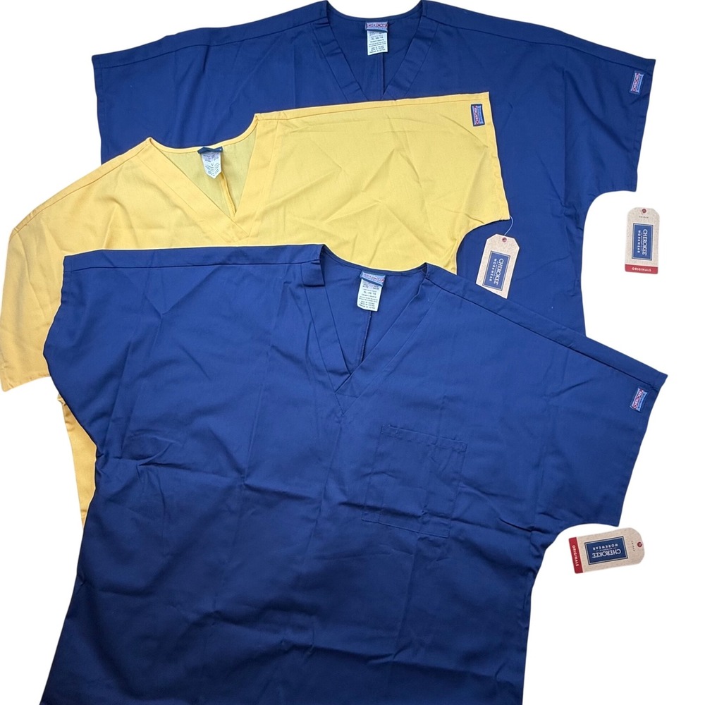 Cherokee Scrub Workwear  2 Navy and‎ 1 Yellow shirt V Neck Scrub Top XL lot of 3